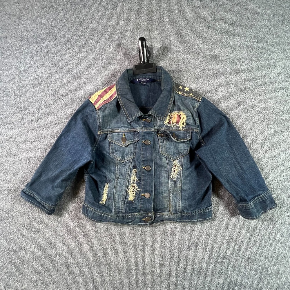 Rocawear Trucker Jacket Womens L Blue Denim Button Front Distressed Streetwear